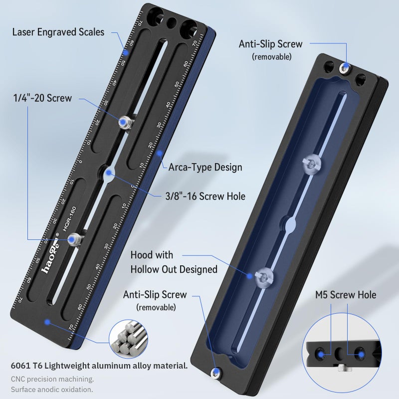 Haoge HQR-160 160mm Multi-Purpose Long Quick Release Extender Rail Sliding Plate for Camera Tripod Ballhead Clamp fit RRS Benro Arca Swiss Sunwayfoto - Image 2